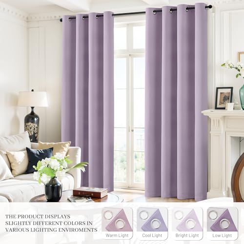 Yakamok Lilac 100% Blackout Curtains 63 Inches Long with 2 Thick Layers-Light Purple Room Darkening Thermal Insulated Window Curtain Set of 2 Panels for Bedroom Living Room 52x63 Inches,Lavender