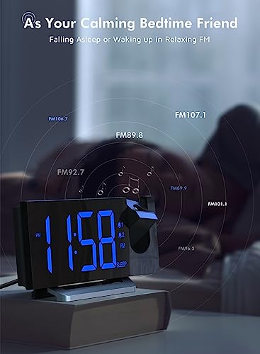 Projection Alarm Clock,FM Clock Radio with 0-100% Dimmer,Digital Clock Radio for Bedroom with 180° Projector on Ceiling,USB Charger, 5 Alarm Tones,Dual Alarm Clock for Heavy Sleeper Kids Elderly