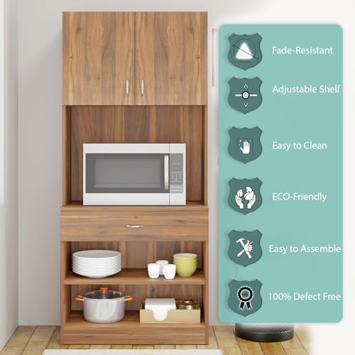 Image of VIKI Furniture | Kitchen Cabinet - Drawer with Doors & Open Shelves, Organizer for Kitchen, Bedroom, Hallway & Living Room (Brussel Walnut - 40D x 80W x 180H cm) | 1 Year Warranty