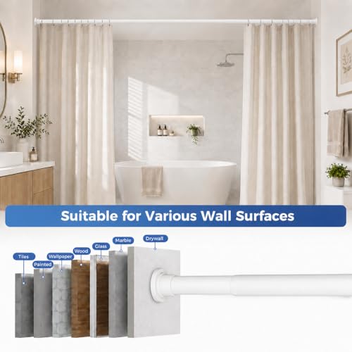 Image of ALLZONE Adjustable Tension Curtain Rod, 42 to 78 Inches, Spring Loaded Curtain Rods No Drilling, Renter Friendly Tension Rod for Windows, Shower, Closet, No Drill, Non-Slip, White