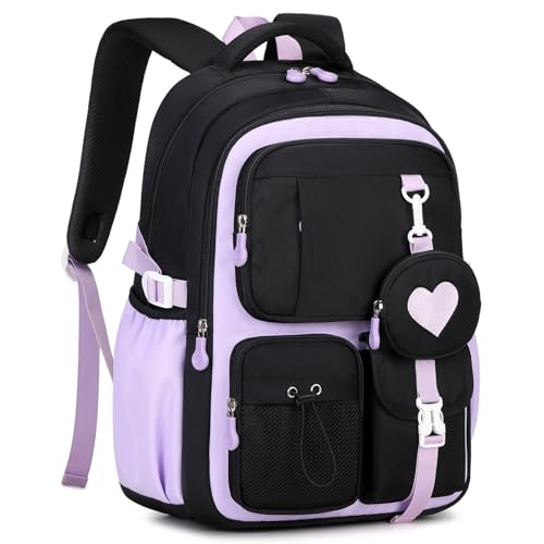 Amythe Sac à Dos pour Filles, Cartable pour Fille Primaire CE2 à CM2, Sac D'école avec Adorable Pochette de Monnaie, Sac Ecole Décontracté pour Enfants pour Voyages, Noir
