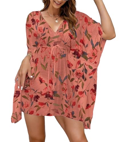 Vossmi Sommerkleid Damen Leinenkleider Strandkleid Tunika Sommer Strand Kleider Swimsuit Beach Cover Up Dress Sommer Outfits Tops Rosa Blume