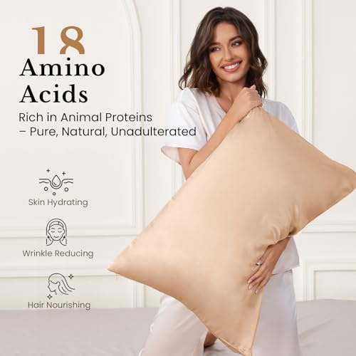 Image of THXSILK 100% Mulberry Silk Pillowcase for Hair and Skin Health, 25 Momme Soft and Smooth Pillowcase with Hidden Zipper, Gift Box, Premium Grade 6A+ Silk, 1pc (Standard 20 inchx26 inch, Beige)