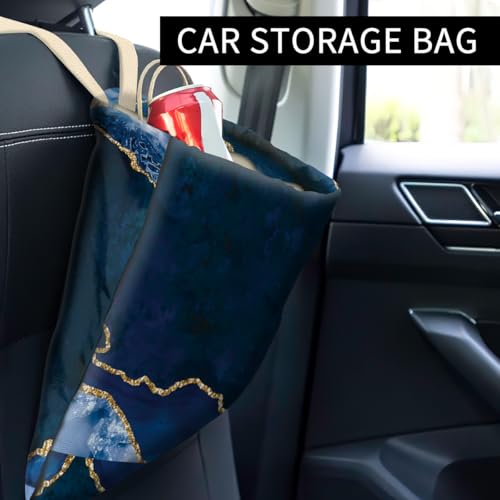 Image of Car Trash Can, Cute Car Trash Bag, Hanging Car Organizer, Blue Gold Marble