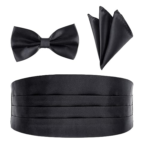 BlingKingdom Men's Satin Cummerbund Pretied Bow Tie Breast Pocket Handkerchief Set for Special Occassions Cover