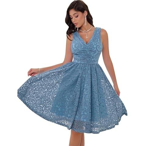 Angel-fashions Women's Lace A-Line Cocktail Dress Sleeveless V-Neck Midi Semi Formal Party Dress Cover