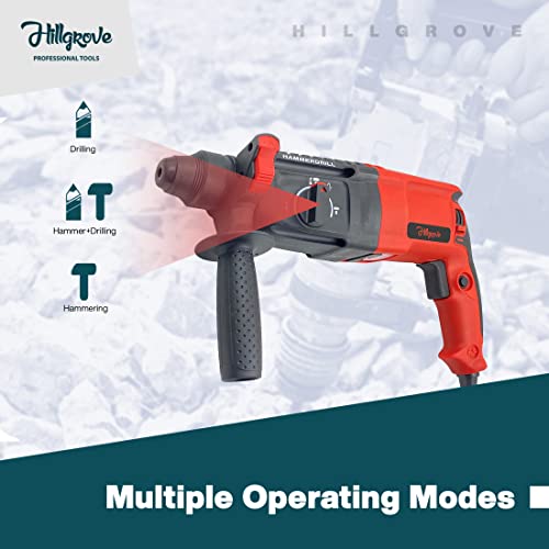 Image of Hillgrove HGCM1041M6 All Purpose 26mm Hammer Impact Drill Machine Forward /Reverse Rotation with 5Pcs SDS Plus Bits for Making Holes in Metal /Wood /Concrete Hammer Drill (26 mm Chuck Size, 1200 W)