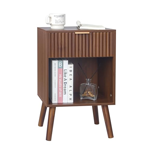 Image of Fultyle Walnut Nightstand, Modern Night Stand with Fluted Drawer and Open Storage, Wooden Bedside Table with Solid Wood Legs for Bedroom, Living Room, Office (Walnut Brown)