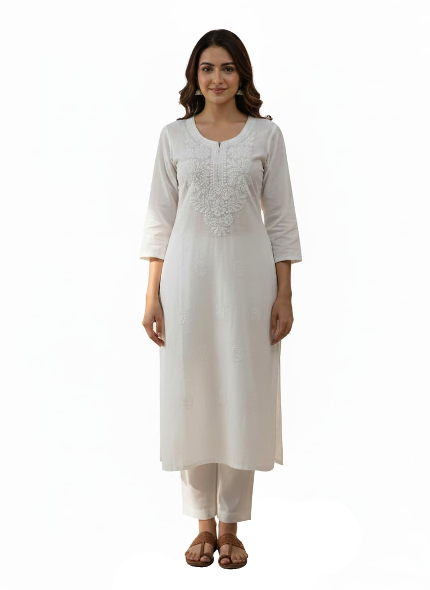 lakhnavi fabrics Lucknowi Chikankari Kurti Women's Elegant White Cotton Straight-Fit Kurta Ethnic Festival Attire-picture-10