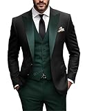 HUUTOE 3 Piece Suit Men, Trajes para Hombre Elegantes, Green and Black Mens Suit Slim Fit Wedding Prom Suits Men Men's Tuxedos Pants Vest Set 46