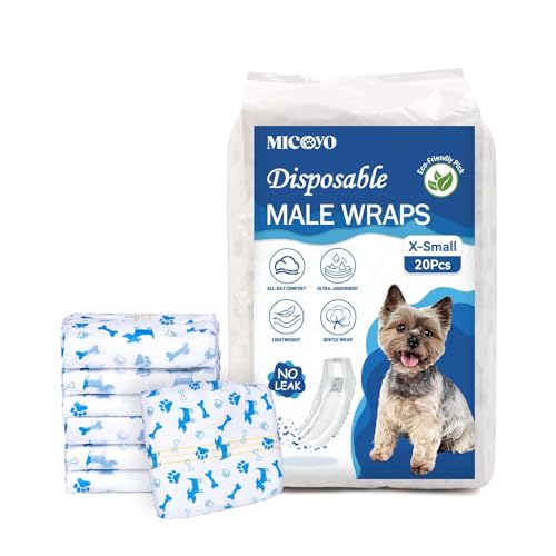 MICOOYO Disposable Dog Nappies Male, Super Absorbent Male Dog Wraps, Doggy Diapers with Wetness Indicator (XS, 20pack)