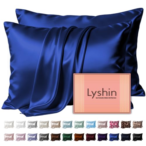Image of LYSHIN Silk Pillow Cases 2 Pack Queen Size with Zipper, Royal Blue | 19 Momme Mulberry Silk Pillowcase for Skin and Hair, Anti-Acne, Hypoallergenic, Cooling, Beauty Sleep, Gifts for Women