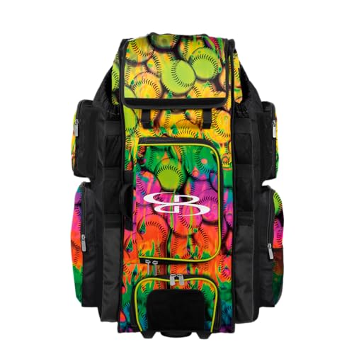 Boombah Superpack XL Rolling Bat Bag - 35.5" x 13.5" x 10" - Telescopic Handle - Holds 8 Bats - Wheeled Version - Softball Neon Ballpark Multi