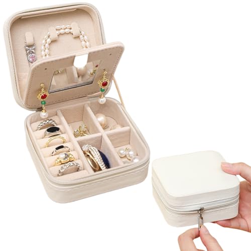 Caixa de jóias de viagem branca com espelho, estojo portátil para jóias (brincos / colares), revestimento em PU, caixa de jóias de viagem compacto para meninas e mulheres, caixa de jóias de viagem