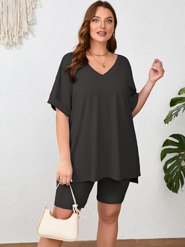 Image of AusLook Women's Plus Size 2 Piece Short Outfits Set Short Sleeve Tops and Shorts Pants Lounge Jogging outfits Matching Set
