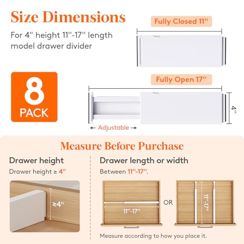 Lifewit 8 Pack Drawer Dividers 4" High,11-17" Adjustable Dresser Drawer Organizers for Clothes, Expandable Dresser Separators in Bedroom/Bathroom/Kitchen/Vanity/Office Organization and Storage, White - Image 3