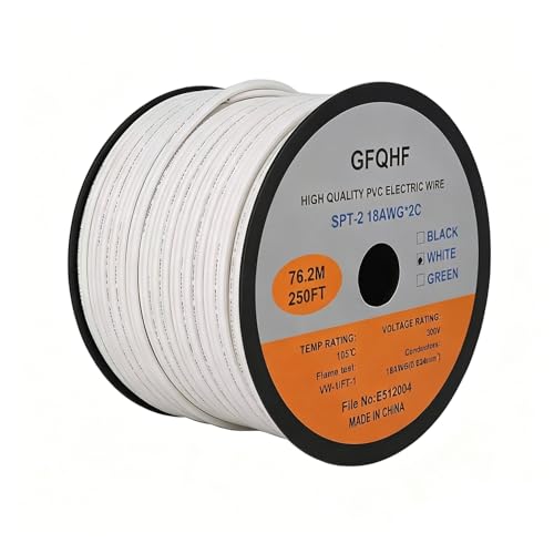 GFQHF 250FT White SPT-2 Zip Cord Wire 18/2 Extension Electrical Cable UL Listed 18 Gauge Wire Work with SPT-2 Vampire Plug