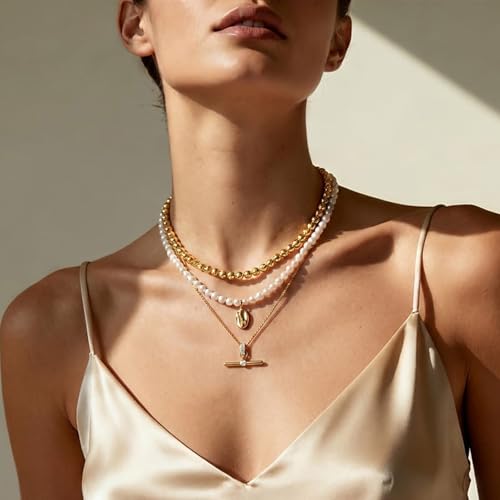 Image of Jeulia Vintage Oval Rice Pearl Choker Necklace for Women, 14K Gold Plated Andy Style Enamel Heart Pendant Dainty Beaded Pearl Jewelry Gifts for Birthday Anniversary Daily Party Wear