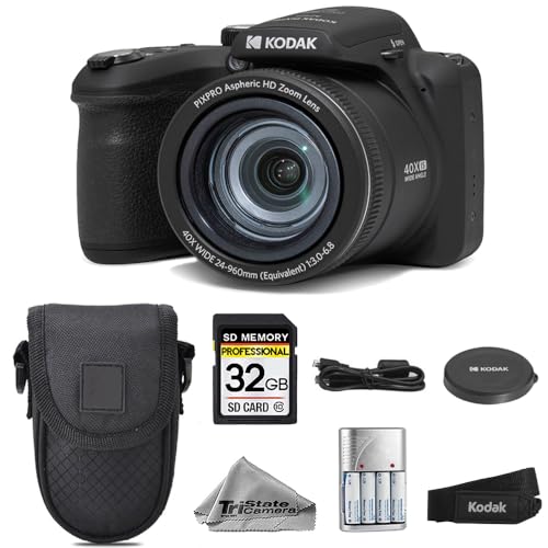 Kodak PIXPRO AZ405 Digital Camera (Black) – 40X Optical Zoom, 20MP, 1080p Video, 32GB SD Card, Extra Rechargeable AA Batteries, Battery Charger & Camera Case