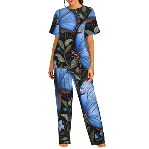 Pyjama léger à manches courtes pour femme haut de gamme motif papillons bleus chic