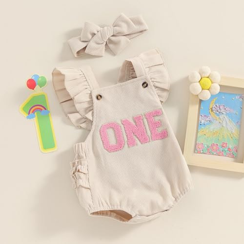 Baby Girl Birthday Outfit One Embroidery Romper Corduroy Ruffle Sleeveless Bodysuit Headband Cake Smash Outfits3