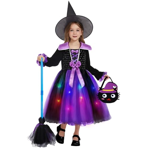 Hereneer Disfraz Bruja Niña, LED Vestido de Bruja con Escoba mágica, Venda para Los Ojos, Sombrero Mágico y Paquete Mágico, Niña Disfraz de Fiesta para Halloween, Carnaval, Cosplay (120)