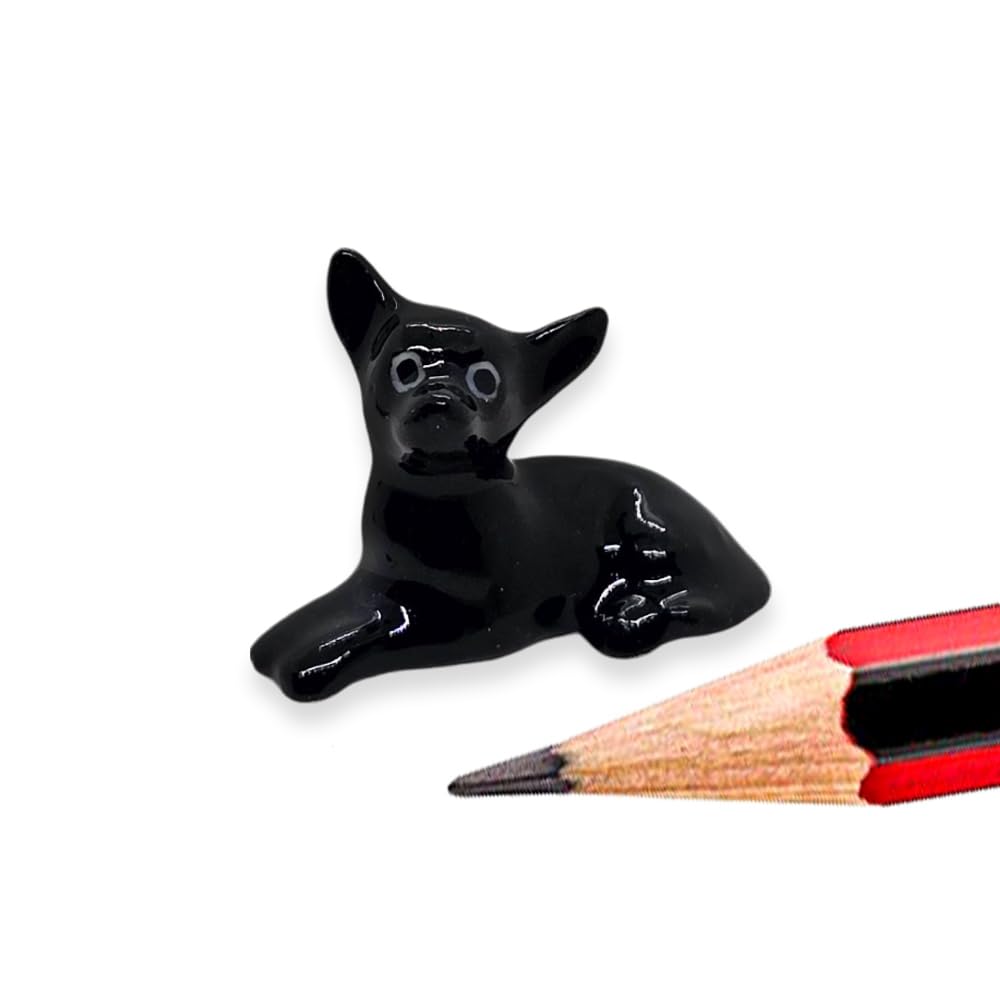 WitnyStore Tiny ½ High Resting Black Chihuahua Dog Figurine - Miniature Hand Made Painted Ceramic Figurines Canine Domestic Pet Animals Dogs Puppy Porcelain Clay Pottery Decorative Collectibles