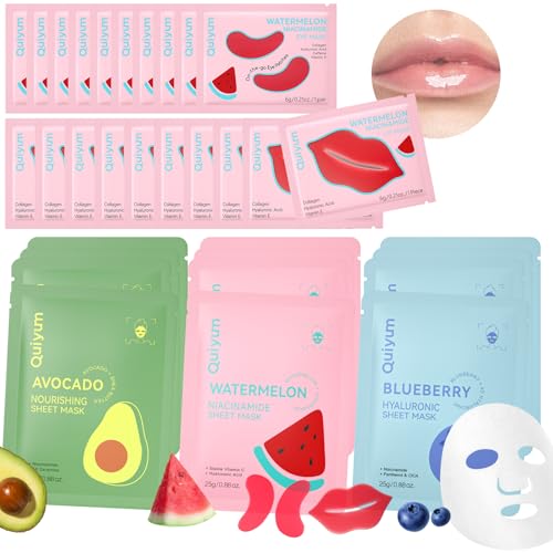 QUIYUM 32pc Fruit Mask Set, 3-in-1 Face Eye Lip Care Kits for Women & Teens