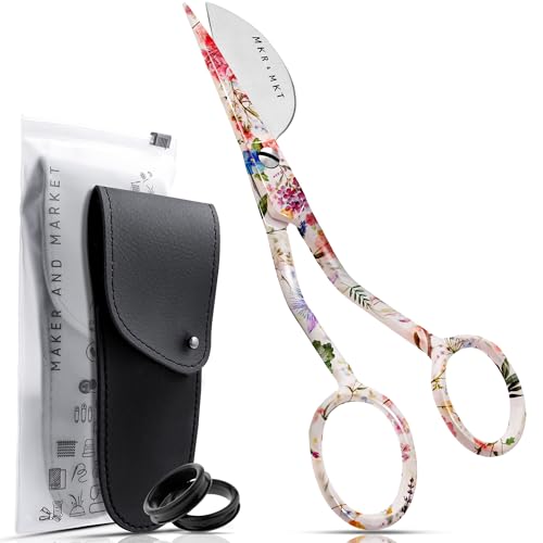 MAKER AND MARKET Applique Pelican Duckbill Blade 5.8 Inch - Double Bent Curved Offset Handle Scissors with Pouch Sleeve for Embroidery, Fabric, Thread, Knitting, Sewing, Arts & Craft (Floral)