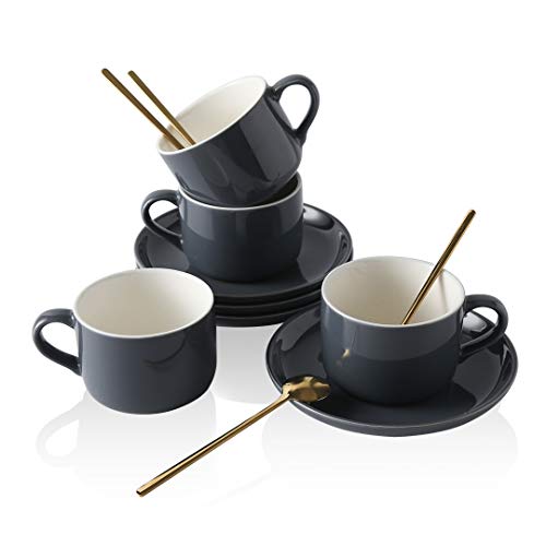 Yelife Porzellan-Kaffeetassen mit Untertassen Löffel, 8 oz Keramik Teetassen und Untertassen, Set von 4 (grau) Cover