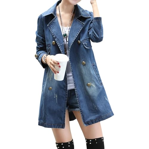 Trench-coat en jean slim pour femme, veste blazer longue en jean, revers classique, croisé, avec ceinture, bleu, taille 4XL