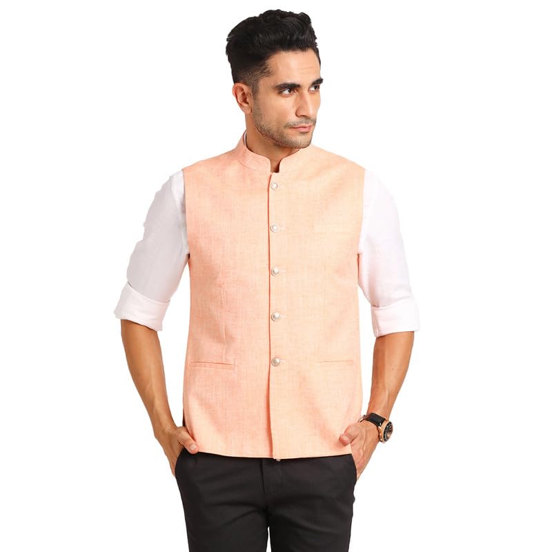 turtle Men Peach Sleeveless Formal Poly Cotton Nehru Jacket-picture-37