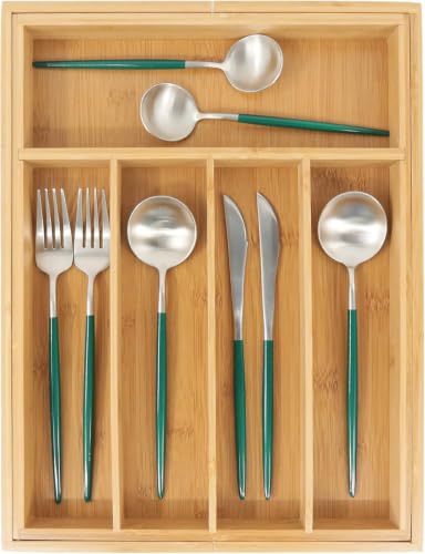 Image of Zollyss Expandable Bamboo Drawer Organizer for Kitchen, Adjustable Cutlery Tray, Expandable Utensil Organizer for Kitchen Drawer (5 Pc Bamboo Drawer Organiser)