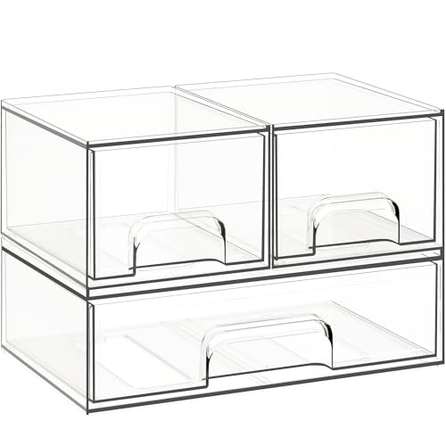 Stackable Storage Drawers, 3 Pack Clear Acrylic Makeup & Bathroom Organizer, Versatile Storage Bins for Vanity, Under Sink, Kitchen Cabinets & Pantry