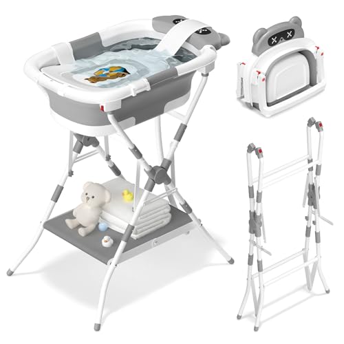 COOSEYA Baby Badewanne mit Gestell für 0-18 Monate, Faltbare Babybadewanne mit Stützpolster und Temperaturempfindlichem Ablassventil, Ideale Babywanne für Neugeborene, Bär-Design (Grau mit Gestell) COOSEYA Baby Badewanne mit Gestell für 0-18 Monate, Faltbare Babybadewanne mit Stützpolster und Temperaturempfindlichem Ablassventil, Ideale Babywanne für Neugeborene, Bär-Design (Grau mit Gestell)