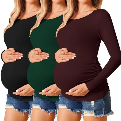 Image of Ekouaer Womens Maternity Shirts Long Sleeve 3 Packs Pregnancy Tee Top Tunic Blouse Casual Mama Clothes S-XXL