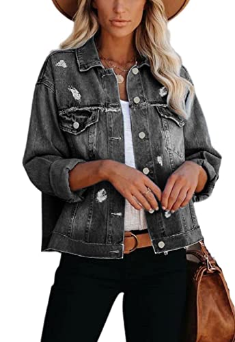 Womens Long Sleeve Washed Button Down Basic Denim Jacket With Pockets
