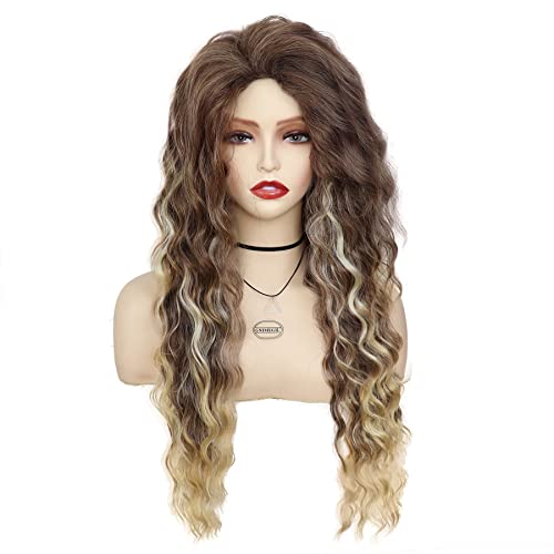 Image of GNIMEGIL 26 inch Long Curly Wigs for Women Synthetic Hair Brown Mixed Blonde Wig with Highlights Mixed Color Wig Soft Natural Wave Wigs for Daily Carnival Party Halloween Costume 80s Cosplay