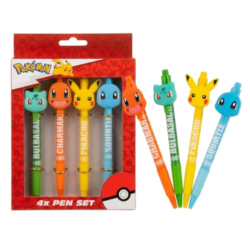 Pokemon 4 Pack Character Ballpoint Pens Pikachu Charmander Squirtle & Bulbasaur Retractable Blue Ink Pens Kids School Stationery Gift Set