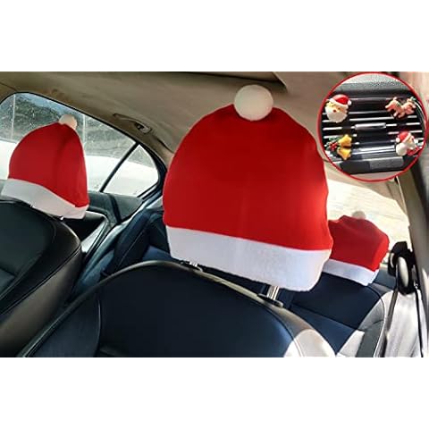 NDLT Car Decoration Interior Accessories, 4 Pieces Santa Claus Hat Car Seat Headrest Cover and 4 Pieces Xmas Car Air Fresheners Air Vent Decorations, Cute Car Christmas Decorations (Christmas Style) Cover