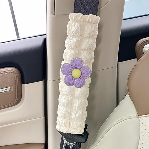 Image of Car Seat Belt Cover Pad, 2 Pack Flower Car Accessorie Seatbelt Covers Cushion Neck Shoulder Strap Protector Universal Seat Belt Cover for Adults and Kids (Purple and Yellow)