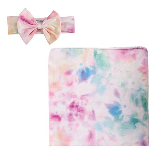 Image of TOYANDONA Infant Swaddle Wrap Tie Dye Receiving Blanket with Bow Headbands Baby Wrap Blanket Stretchy Swaddle Sack Photo Booth Prop for Newborn Infant Baby Unisex