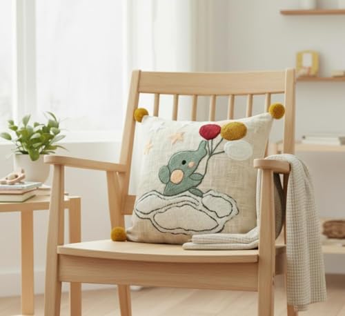 Image of Cotton Fabric Embroidered Kids Cushion Cover Covers for Sofa Set /Diwan Beds 16 x 16 Inches or 40x40 cms Elephant Cushion, Sofa Throw Pillow Cover Only, Set of 1 Pc