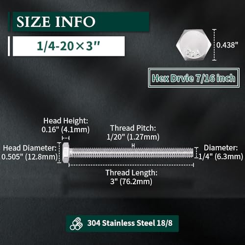 Image of 1 /4-20 x 3 Hex Head Bolts Screws, 304 Stainless Steel 18-8, Fully Threaded, Hexagon Head Cap Bolts Screws, Coarse Thread UNC, 25 PCS