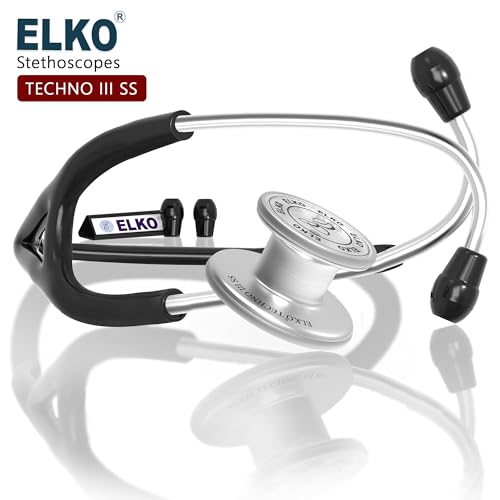 Image of ELKO TECHNO III SS Stainless Steel Stethoscope with ENGRAVING | Engrave Your Name or Initials on the Chest Piece | Lightweight Double-Sided Stainless Steel Chest piece | Two-Way PVC Tubing | Ideal for Doctors & Medical Students (Black)