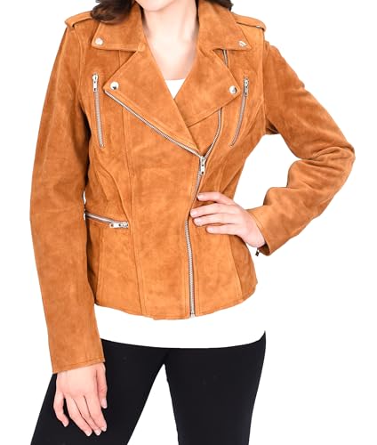 Veste de motard en daim Selena femme en marron clair fermeture éclair taille 40 regular