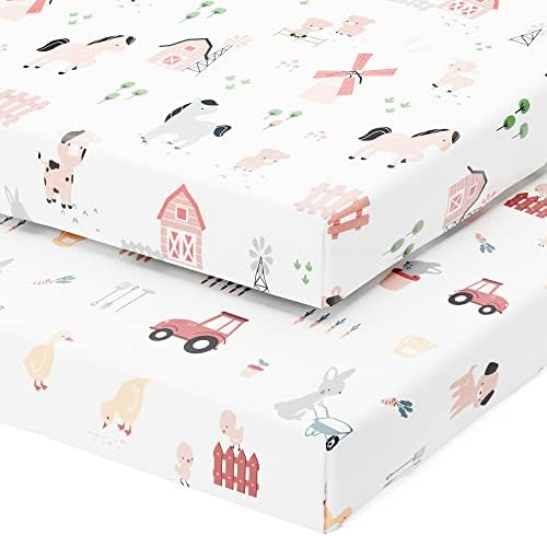 Mini Portable 24x38 Fitted Crib Sheets – Compatible with Dream on Me, Delta Porta Crib and Arms Reach Ideal Cosleeper – 100% Jersey Cotton – Farm Animals – 2 Pack