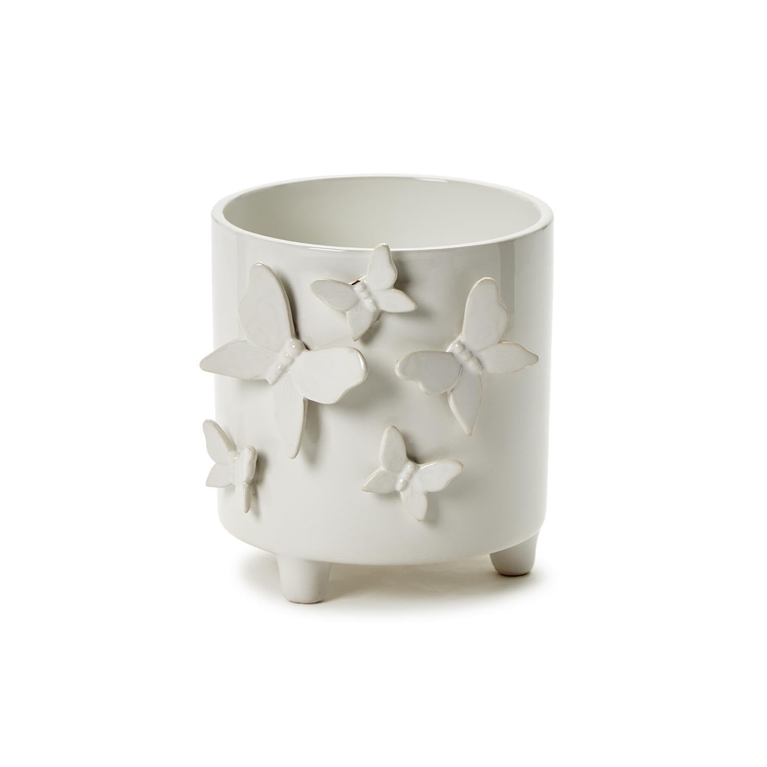 Two's Company Butterfly Footed Cachepot Vase, 5.75-Inch, Ceramic, White