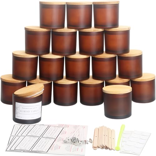 Milivixay Confezione da 20 barattoli per candela in vetro ambrato smerigliato da 113,4 g, con coperchio e kit per la creazione di candele