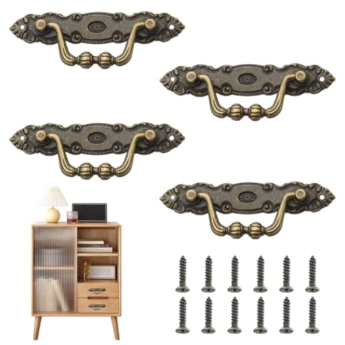 Fyrdm 4 Stück Vintage Möbelgriff, 10.5x2cm Zink Legierung Antik Schrankgriffe, Retro Schrankgriffe mit Schrauben, Schubladengriffe Set, für Schubladen, Kommoden, Küchen, Truhen, Schränke, DIY Decor